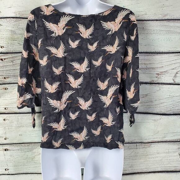 H&M Women's Crane Print Blouse Black Pink Bird Tie Sleeve Top US 2 Size 32 Visco - Picture 4 of 7